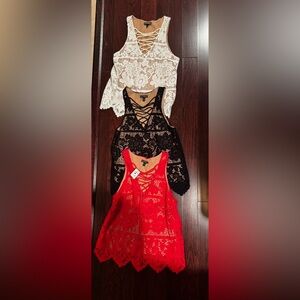 Lot Of 3 Express Camisole Tank Top Floral Lace Up V-Neck Scallop Hem